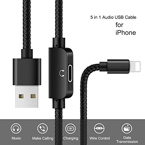 Elough iPhone Splitter Lightning Adapter for iPhone X/7/7 Plus/8/8/Plus 5 in 1 USB Lightning Headphone Jack Audio &amp; Charge Cable at the same time Data Sync Call Function for iOS 10.3 (Black)