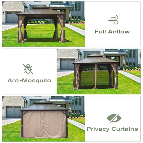 Domi 10x12 Hardtop Gazebo with Double Roof, Aluminum Frame, Brown Patio Pavilion image 25