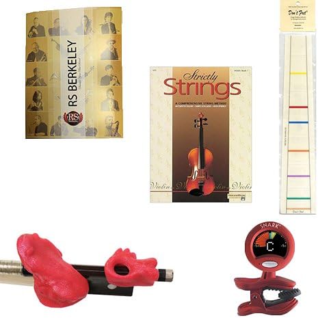 Violin Players Instructional Pack (For 1/10 Size Violin)- Essential Beginners Pack for the Violin Includes: Pink Bow Hold Buddy Violin Teaching Aid, Don't Fret Position Indicator for 1/10 Violin, Band Folder, Strictly Strings Book 1 for Violin, &amp; Tuner &amp; Metronome