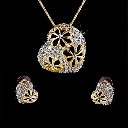 Women Choker Nacklace Earrings Full Crystal Hololow Flower Pendant Jewelry Set