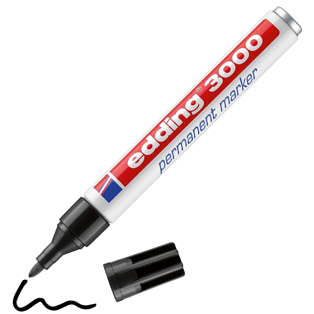 edding 3000 permanent marker - black - 1 marker pen - round tip 1.5-3 mm - quick-drying permanent markers - waterproof, smudge-proof - for cardboard, plastic, wood, metal, fabric - marker pens