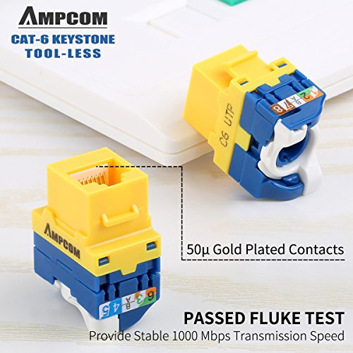 10-Pack CAT6 Tool Less Keystone Jack,AMPCOM RJ45 Self-Locking Cat.6 Keystone Module Adapter No Punch-Down Tool Required Couplers for Wall Plate UTP Yellow