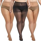MERYLURE Plus Size Tights for Women, 20D Ultra Thin High Waist Pantyhose with Reinforced Toes Sheer Stockings 3 Pairs
