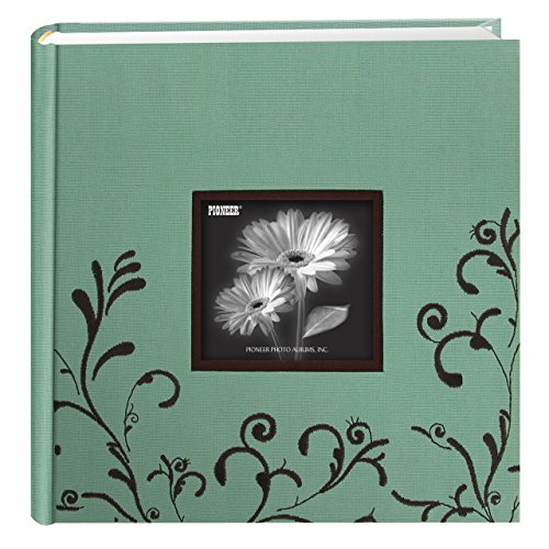 Pioneer Embroidered Scroll Fabric Frame Cover Photo Album, Brown on Aqua