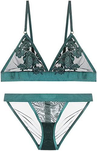 Patty Both Lace Sleepwear Full Cup Transparent Bra No Underwire And Brief Short Push Up Bra Set(M, green)