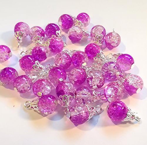30pcs Handcrafted Crackle Glass Beads Drops w/Silver Wire & Bead Cap for Jewelry Making by Beading Station (Purple Rose)