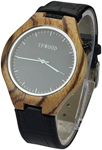 Men's Wooden Watch Black Genuine Leather Band Round Zebra Wood Dial Quartz Casual Wrist Watches
