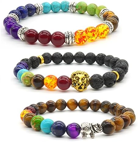 Jubling 3x Bracelets Rainbow Agate Stone Buddha Bracelet Partner Lovers Bracelet Set Elephant & Lion