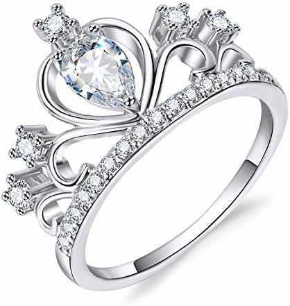 JEWERYE Fashion Clear Exquisite Princess Queen Crown Rings for Women/Girl (Size 6, Crown Ring-Silver)
