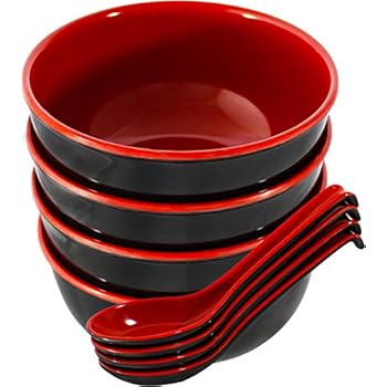 Chef Miso Set of 4 Large Melamine Noodle Soup Bowls and Spoons - Red and Black 28 Ounce