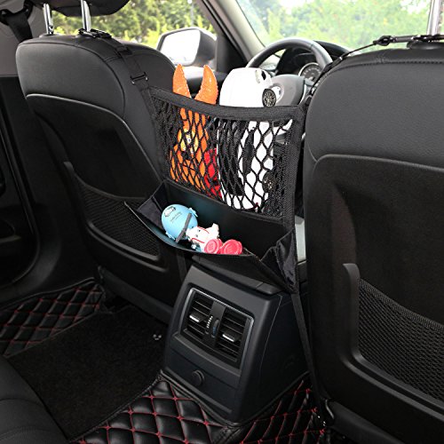AMEIQ 3-Layer Car Mesh Organizer with Leather Box, Seat Back Net Bag, Barrier of Backseat Pet Kids, Cargo Tissue Purse Holder, Driver Storage Netting Pouch. (3 Optional Styles)