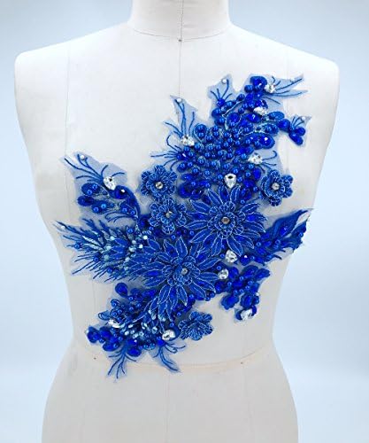 Royal blue three-dimensional flower lace applique with patches sew on rhinestone beaded trim 38x23 cm for dress accessory