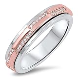 Sterling Silver Rose & Silver Two Tone CZ Pave Set Design Spinner Ring 5MM ( Size 5 to 12 ), 6