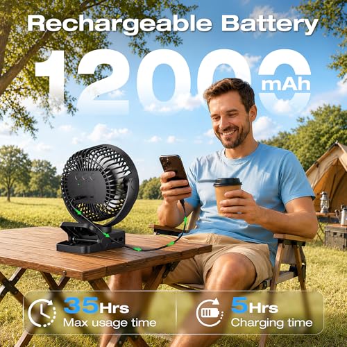 Orvyna USB Rechargeable Portable Fan 12000mAh 4 in 1 Magnetic Clamp Table Fan with Remote 3 Speeds LED Light Timer 360°, Desktop Fan for Car Camping Baby Cart, Black