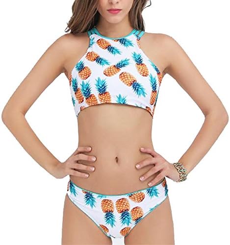DAPOTO Womens Padded Print Bathing Suits Bikini Pineapple Swimsuit Swimwear (L/6-8, Pineapple)