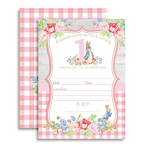 Amanda Creation Little Rabbit 1st Birthday Girl Fill in Style Invitations. Set of 20 Including envelopes