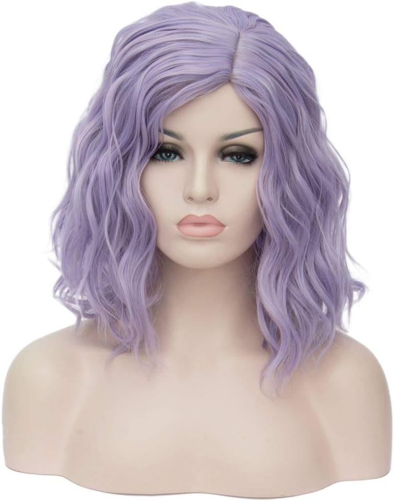 TopWigy Light Purple Cosplay Wig, Medium Length Lavender Wigs Short Bob Lilac Full Curly Wave Colorful Synthetic Hair for Halloween Costume Party(Light Purple 16")