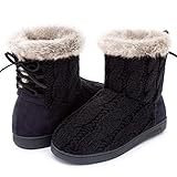 ULTRAIDEAS Women's Soft Yarn Cable Knit Bootie Slippers Memory Foam Indoor & Outdoor Shoes w/Adjustable Suede Lace,Black,9 B(M) US