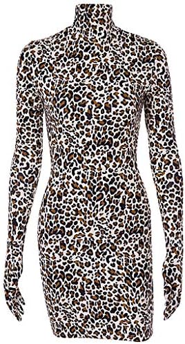 TTINAF Women Leopard Slim Dress, Print Turtleneck Long Sleeve Leopard Gloves Mini Sexy Club Party Dresses