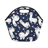 InterestPrint Insulated Lunch Tote Bag Cute Alpacas Pink Heart Reusable Neoprene Cooler, American Animal Portable Lunchbox Handbag for Women Adult Kids Girls