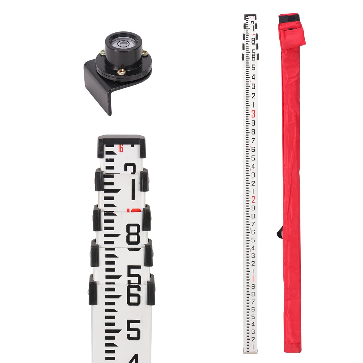 GEOLENI 16-Foot Aluminum Grade Rod- 10ths, 5 Sections Telescopic Leveling Bubble Level, Dual Side Telescopic Measuring Rod with Carrying Bag for Houses, Walls, Floors and Leveling Applications