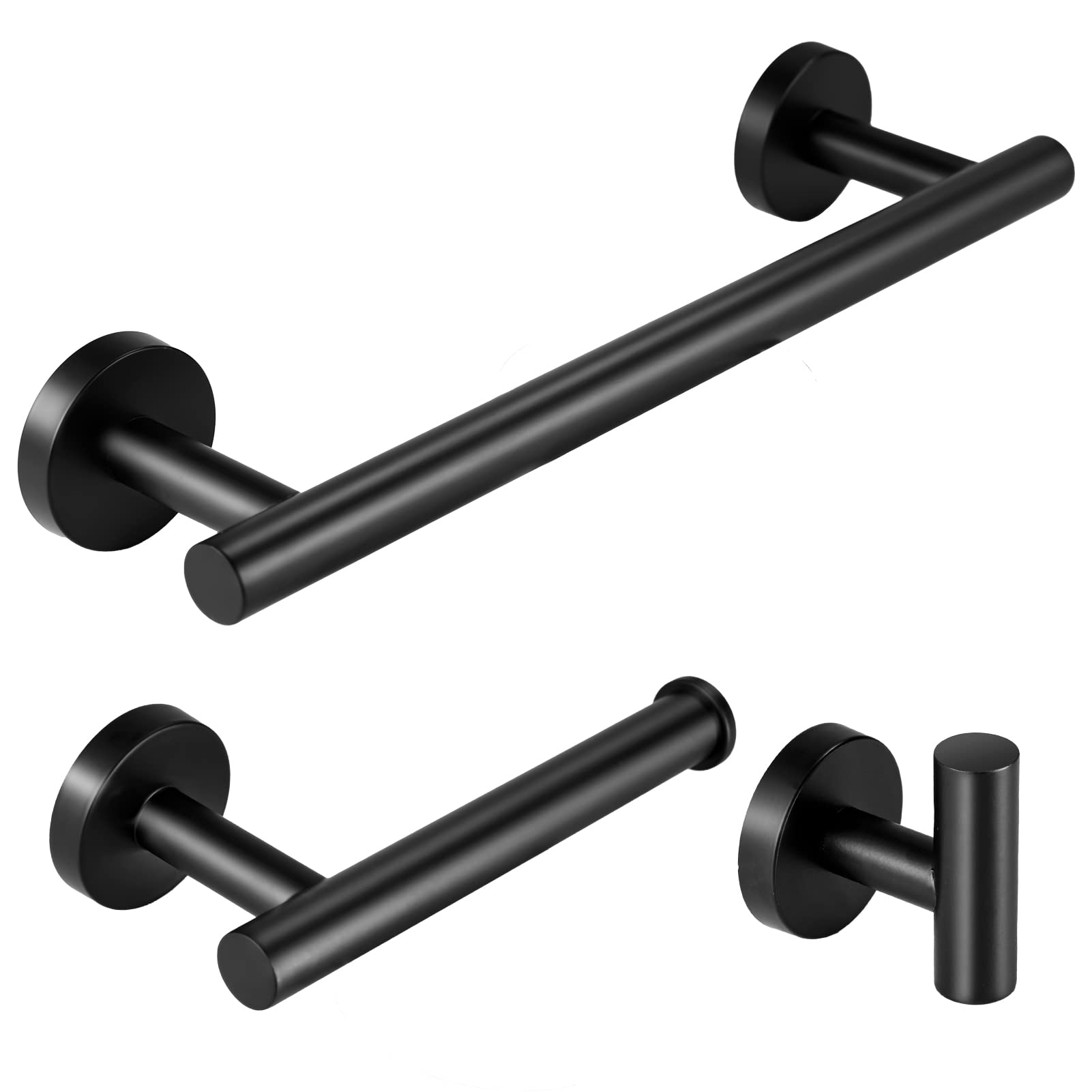 YUET Black Bathroom Accessories Accessory Bars Set Hand Towel Holders Ring Rails For Bathrooms SUS 304 Stainless Steel Hardware Wall Mounted Rack, 12" Bath Bar + Toilet Paper Holder + Robe Hook
