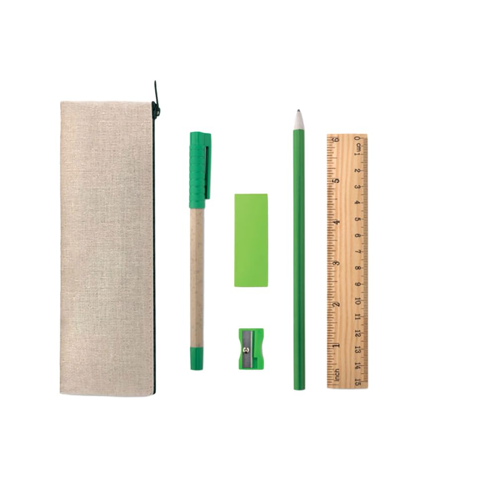 Eco-friendly writing set including jute case, wooden ruler, sharpener, eraser, pencil and pen made of recycled cardboard, eco-sustainable green