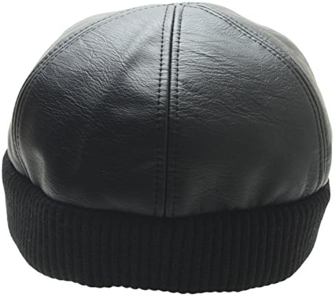 Faux Leather Docker Cap Watch Hat Short Beanie Unisex Skully (Black)