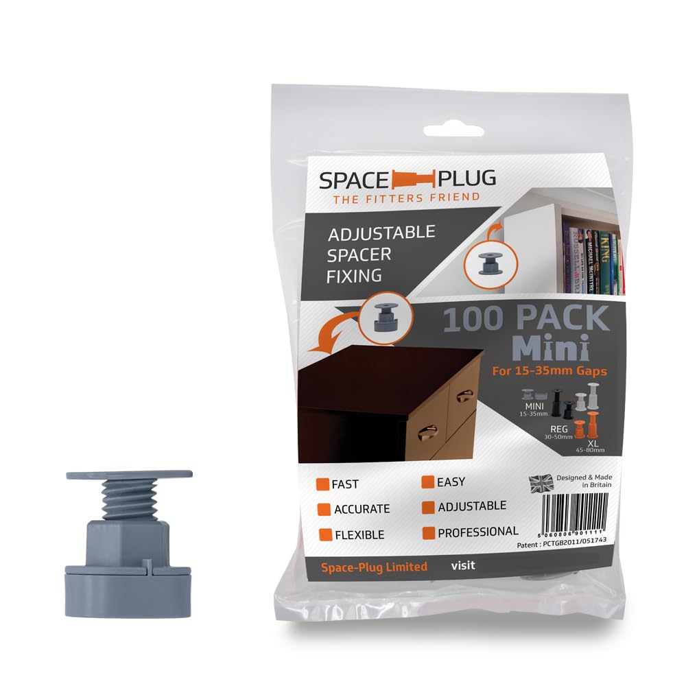 Space-Plug Adjustable Spacer Fixings (Mini Size for 15-35mm Gaps), 100 Pack of Grey Spacers, Professional & DIY use for Kitchen, Bedroom, Bathroom & Furniture installations