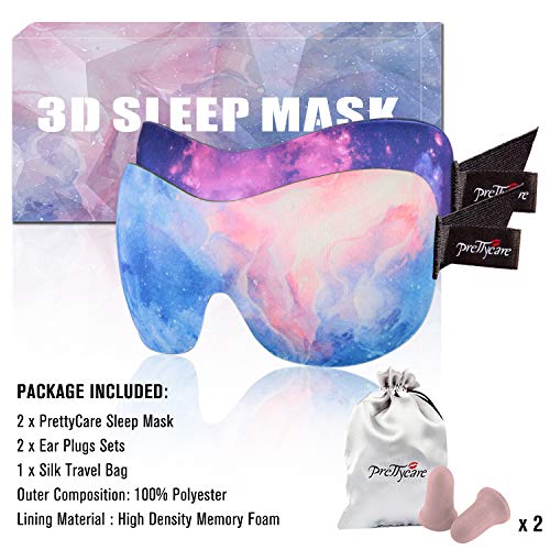 PrettyCare 3D Sleep Mask Aurora Purple and Blue Eye Mask for Sleeping - Contoured Face Mask Silk - Blindfold with Ear Plugs,Travel Pouch - Best Night Eyeshade for Men Women Kids