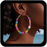 Jugielu Boho Rainbow Seed Beaded Circle Earrings Circle Bead Hoop Earrings Colorful Bead Hoop Dangle Earring Acrylic Multi Color Beads Round Earring Jewelry for Women