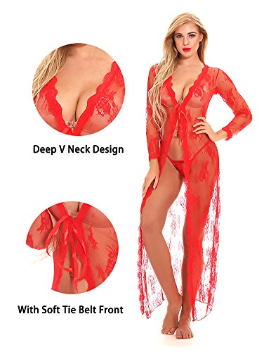 cunlin Women Sexy See Through Lace Gown Kimono Cover Up Sleepwear Set Plus Size Dress Maternity Pregnant Robe Red S