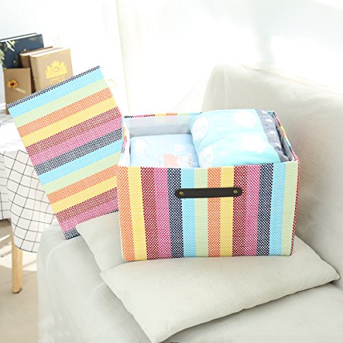 Large Fabric Storage Box with Lid and Leather Handles by Tegance,Decorative Collapsible Storage Bin for Office, Home, Closet, Toys Rainbow Color 16x11x10.6 Inch (16(L) x11(W) x10.6(H))