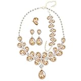 Miraculous Garden Womens Luxury Crystal Rhinestone Jewelry Set Teardrop Earrings Necklace Bracelet Ring Set (Champagne)