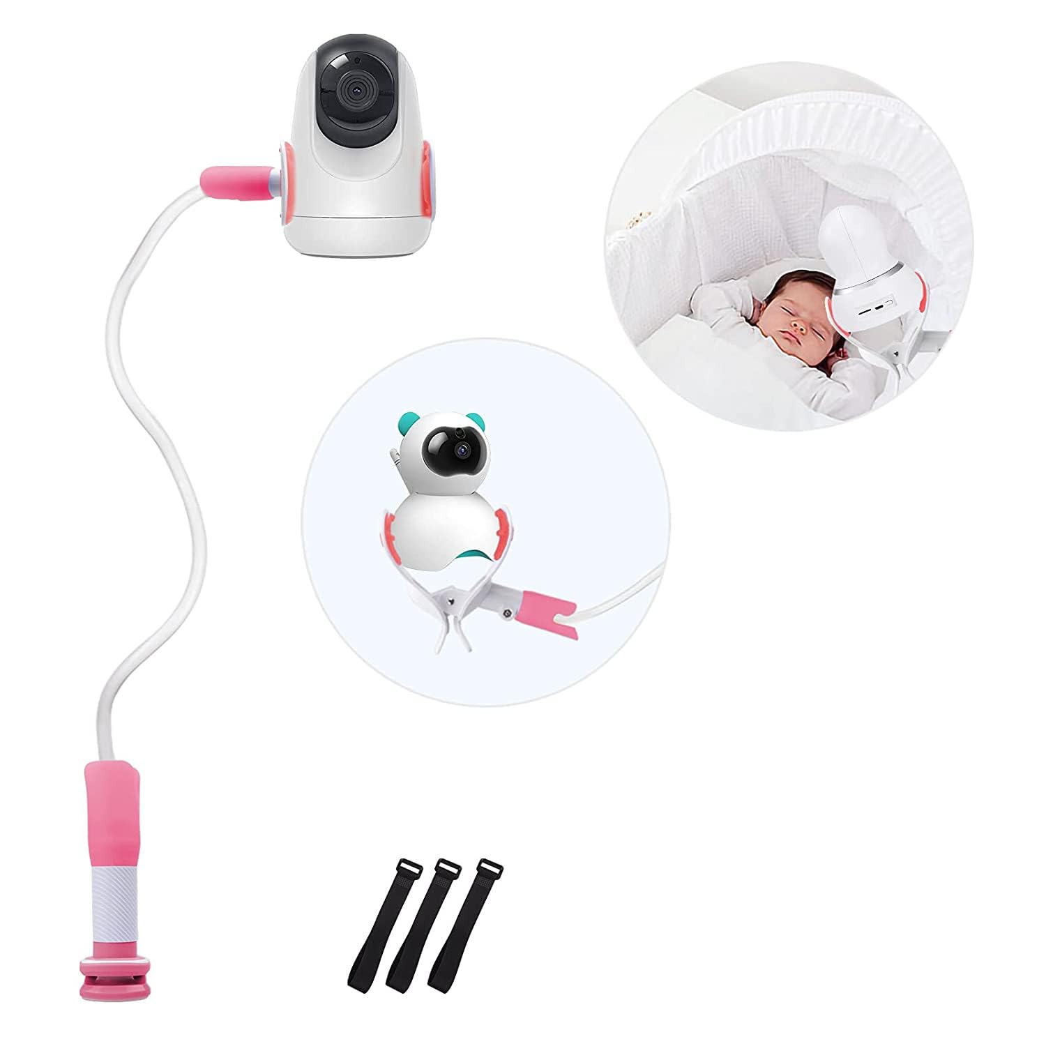 EXTFANS Baby Monitor Holder, Baby Monitor Stand with 3 Straps, No Drilling, Flexible Adjustable Camera Mount, Universal Monitor Shelf, Compatible with Most Baby Cot Monitors Camera(Pink)
