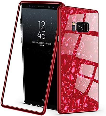 PKeiPo Compatible Samsung Galaxy S8 Plus Case, Magnetic Adsorption PC Frame Coloured Shellfish Pattern Tempered Glass Back Cover with Built-in Magnet Flip with a Screen Protector (Red)