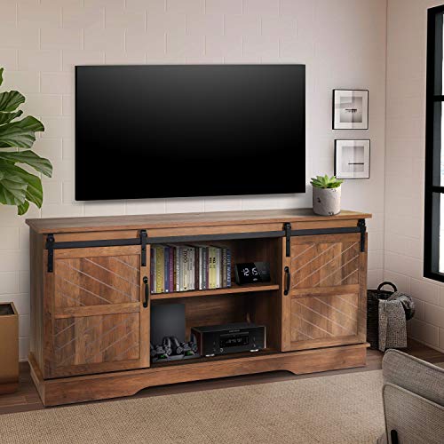 58" Modern Farmhouse Wood TV Stand with Sliding Barn Door,Media Console Entertainment Center,for Home Living Room (Rustic Oak)