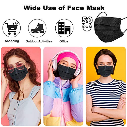 Black Disposable Face Mask, Individually Wraped Face Mask 3ply for Adult Men Women Youth Disposable Face Mask Black 3 ply 50pcs