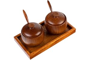 YMYL 2 Pcs Wood Condiment Pot Spice Jars, Natural Wooden Sugar Bowl Pepper Seasoning Container Condiment Pot with Lid, Spoon and Tray for Herbs Salt Pepper Spices