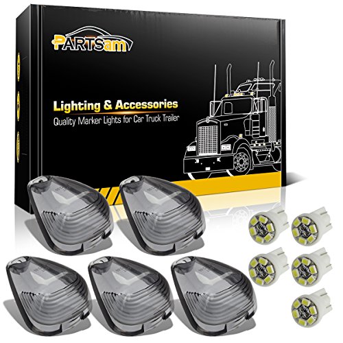 Partsam 5x Smoked Roof Running Light Cab Marker Cover Lens + 5x T10 6-3020-SMD White LED Bulb for 1999 - 2016 Ford F150 F250 F350 F450 F550 E150 E250 E350 E450 E550
