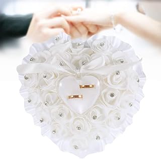 Ringkissen für die Hochzeit, romantische herzförmig Ringhalter mit Rose feinem Strasssteinchen und Schleife Verzierung, Ringträger Kissen Mit kleiner Ringbox für Eheringe