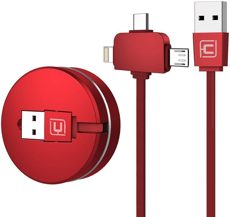 CAFELE Retractable Charging USB Cable, iP & Micro USB & Type-C 3in1 Charging & 3in1 Data Transmission Charger 3.3ft / 1m Data Cables (Red)