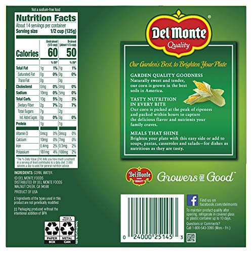 DEL MONTE FRESH CUT GOLDEN SWEET WHOLE KERNEL CORN WITH NO ADDED SALT 4-15.25 OZ. CAN, 15.25 OZ