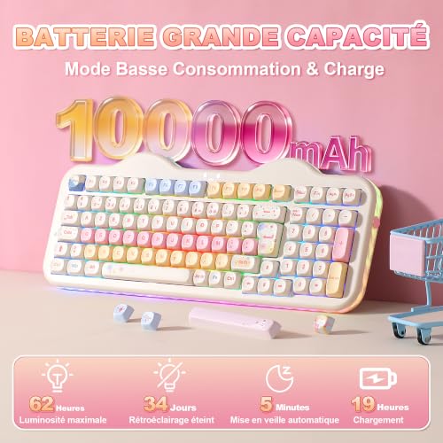 YUNZII C98 FR French AZERTY 100 Keys PBT Mechanical Wireless Gaming Keyboard with Numeric Keypad, Bluetooth/2.4GHz/USB‑C Wired, RGB, Gasket, Cake Theme for Windows/Mac (Beige, Milk V2 Switch)