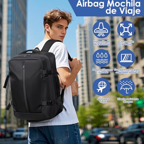 Viaje de Mochila al Vacío con Bombas Aire Eléctricas, 36-55L Expandible, Separación húmeda y seca, con Bolsa de Aire Antirrobo para Viajes