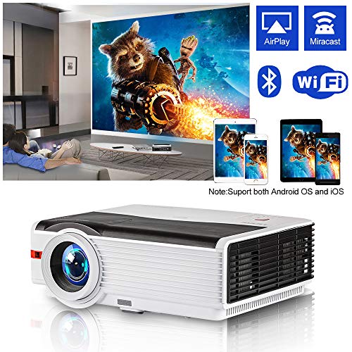 HD LCD Wireless Smart Home Projector with WiFi Bluetooth 5000 Lumen High Brightness 2019 New Digital Zoom Android Video Projector for Gaming TV Movies, HDMI USB VGA AV Aux Audio for Outdoor/Indoor