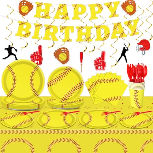 Qyeahkj 184pcs Softball Birthday Party Supplies Set Includes Softball Plates Napkins Cups Tablecloth Swirls Banner Tableware Kit Dispose Softball Party Decorations Favors for Girl Woman Man, Serve 25 at Amazon