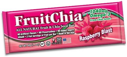 FruitChia Raspberry Chia Bar - 2 Pack - All Natural / Real Fruit &amp; Chia Seed Bar With Omega-3 Healthy, Tasty &amp; Certified Gluten-Free, Vegan, Non-GMO &amp; Kosher ALL FRUIT GROWN &amp; Bar MADE IN THE USA, in our WA facilty!