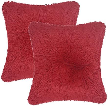Super Silky Soft Faux Fur Square Shaggy Throw Pillow Case 18"x 18" Pack of 2 (without Pillow Insert), Fluffy Plush Fuzzy Cushion Case, Home Decor for Sofa Couch Chair Bed Car, Solid Rose Red