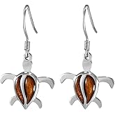 925 Sterling Silver Koa Wood Turtle Dangle Hook Earrings, Nickle Free Hypoallergenic for Sensitive Skin, Tropical Ocean Jewelry for Women, Gift Box Included